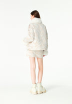 Chaqueta de mujer jacquard de chenilla con brillo, cuello y puños de pelo | MWM [PS_COLORS:IVORY]