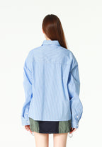 Camisa corta con bolsillos laterales y cierre de inspiración asiatica | MWM [PS_COLORS:BLUE]