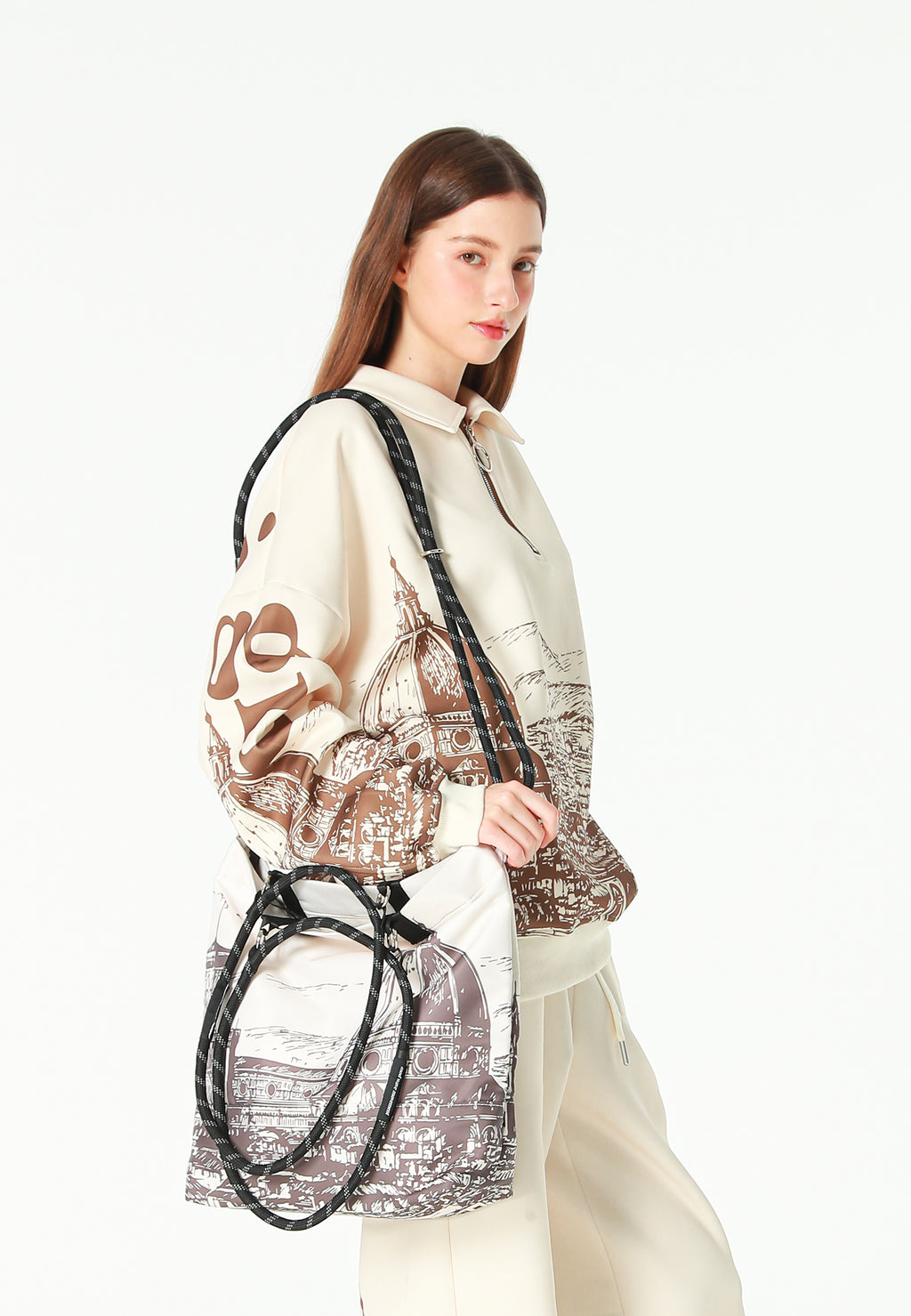 Bolso shopper estampado con asas de cordón y bandolera | MWM [PS_COLORS:BROWN]