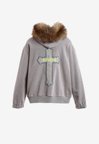 Sudadera con capucha de pelo, cremallera frontal y parche de cruz | MWM [PS_COLORS:GREY]