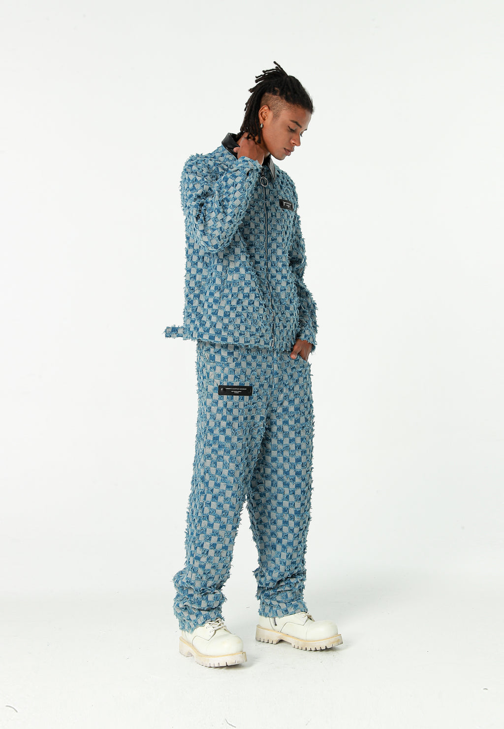 Chaqueta de trabajo jacquard de chenilla con brillo y cuello efecto piel | MWM [PS_COLORS:BLUE]