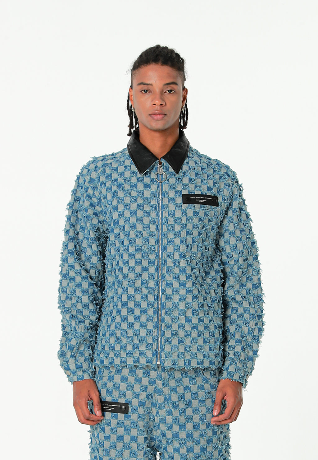 Chaqueta de trabajo jacquard de chenilla con brillo y cuello efecto piel | MWM [PS_COLORS:BLUE]