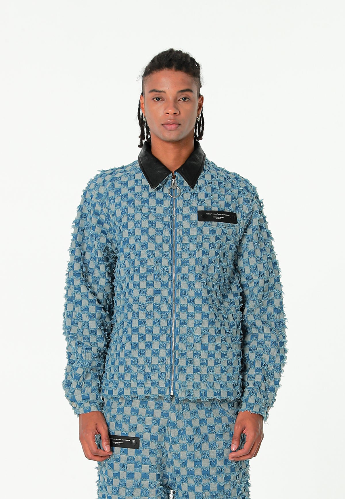 Chaqueta de trabajo jacquard de chenilla con brillo y cuello efecto piel | MWM [PS_COLORS:BLUE]