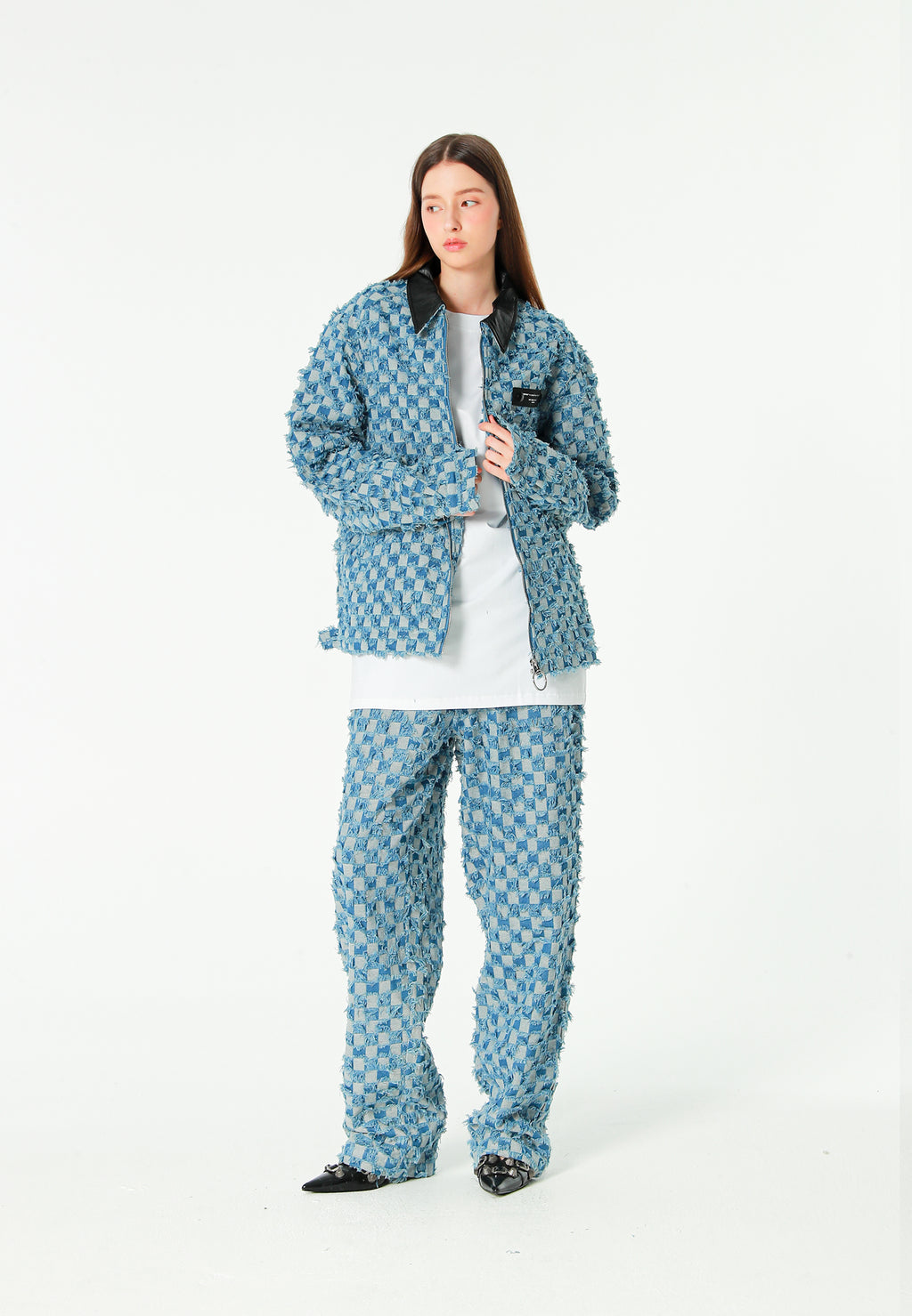 Chaqueta de trabajo jacquard de chenilla con brillo y cuello efecto piel | MWM [PS_COLORS:BLUE]