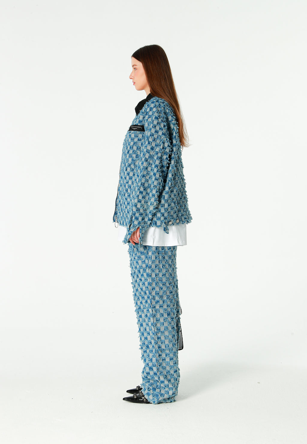 Chaqueta de trabajo jacquard de chenilla con brillo y cuello efecto piel | MWM [PS_COLORS:BLUE]