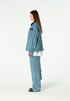 Chaqueta de trabajo jacquard de chenilla con brillo y cuello efecto piel | MWM [PS_COLORS:BLUE]