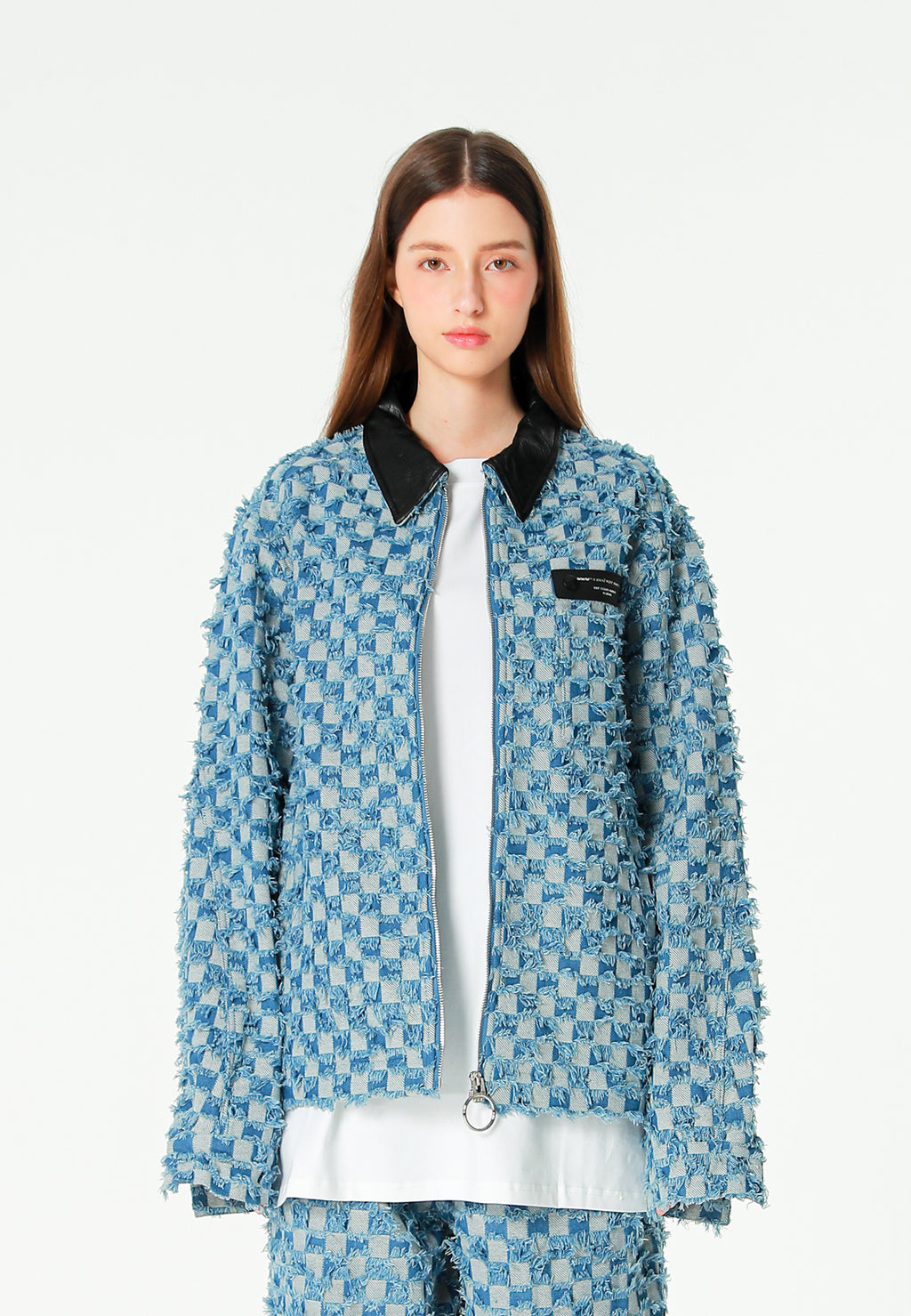 Chaqueta de trabajo jacquard de chenilla con brillo y cuello efecto piel | MWM [PS_COLORS:BLUE]