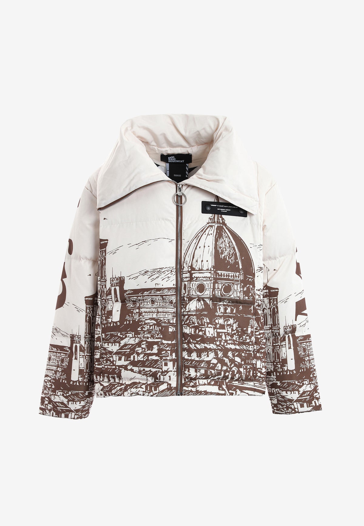 Abrigo puffer con paisaje full-print y cuello alto | MWM [PS_COLORS:BROWN]