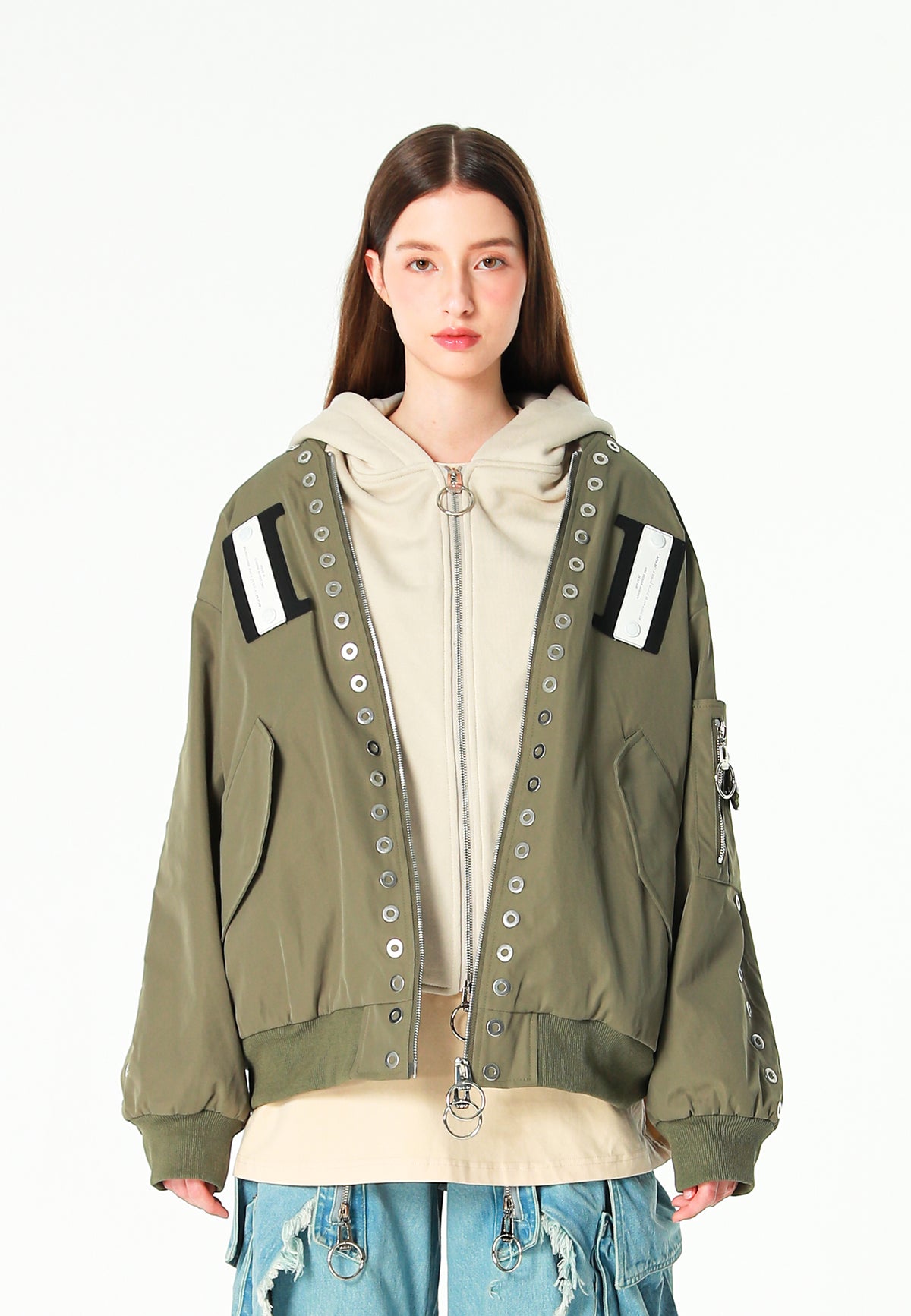 Chaqueta bomber Vanguard Dogs de doble capa con capucha y tachuelas | MWM [PS_COLORS:GREEN]
