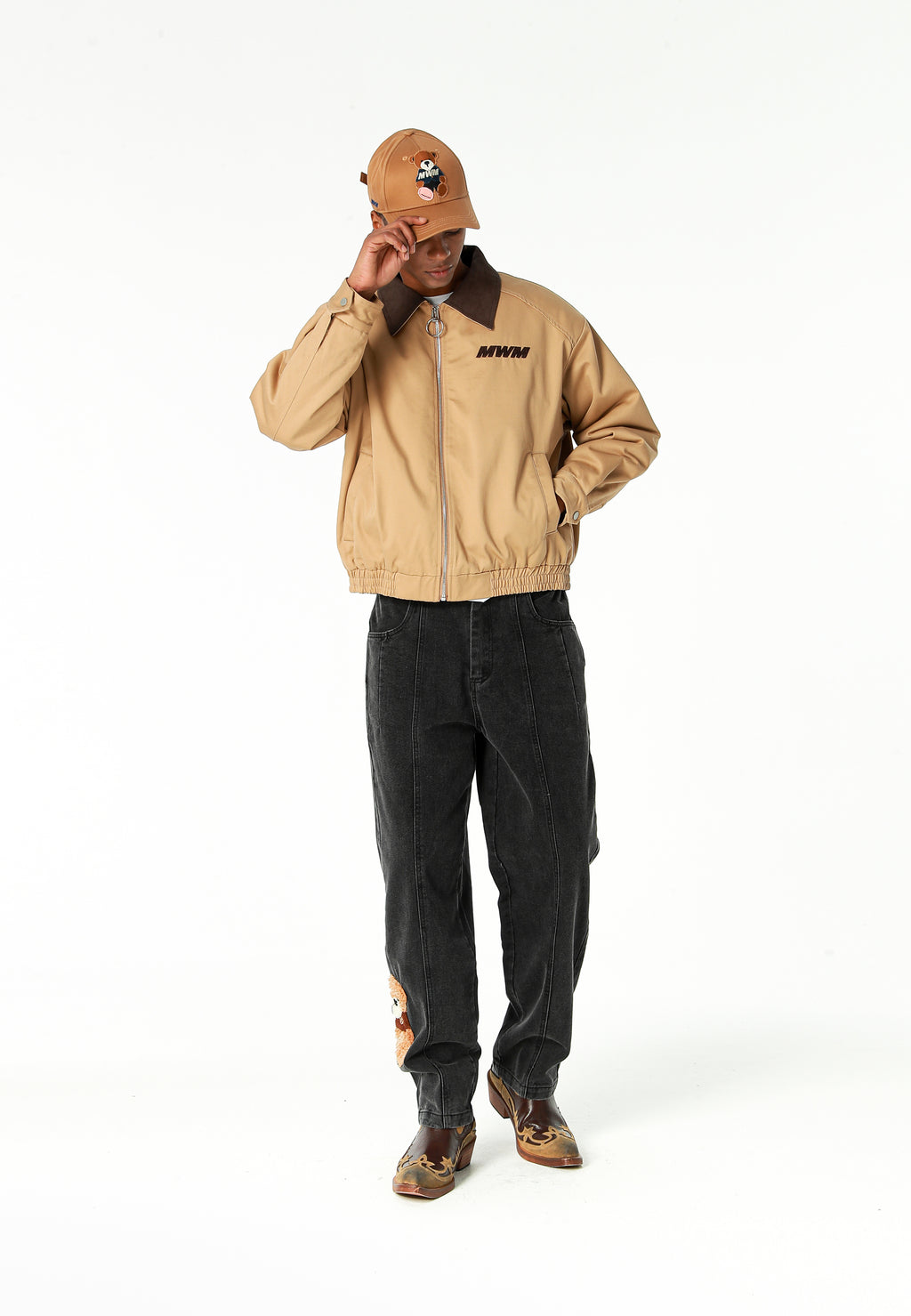 Chaqueta Harrington de canvas con cuello efecto piel y logo bordado | MWM [PS_COLORS:CAMEL]