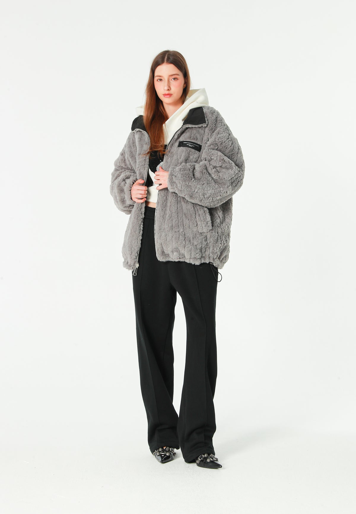 Chaqueta reversible TEDDY de corte relajado con pelo texturizado y parche Mike Bag | MWM [PS_COLORS:GREY]