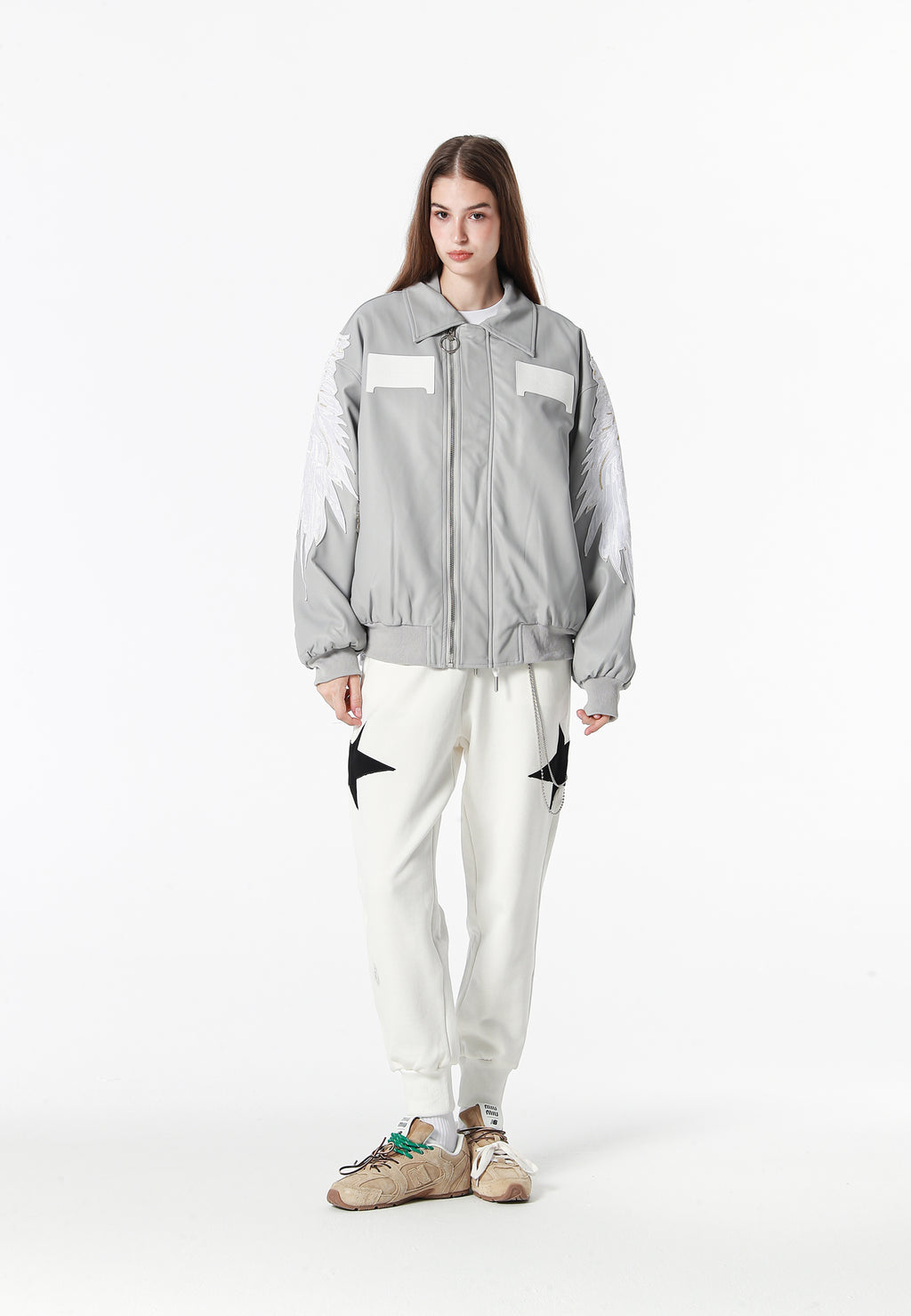 Chaqueta bomber Wings efecto piel con alas en mangas y espalda y forro de pelo extraíble | MWM [PS_COLORS:GREY]