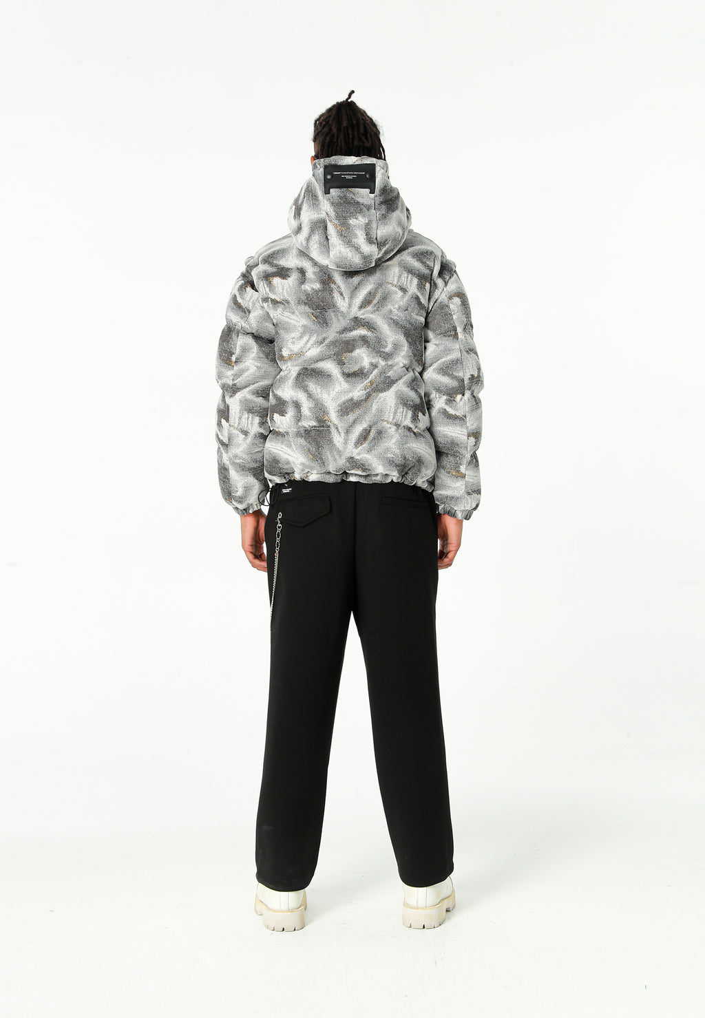 Abrigo puffer jacquard de chenilla con brillo, capucha y mangas desmontables | MWM [PS_COLORS:GREY]