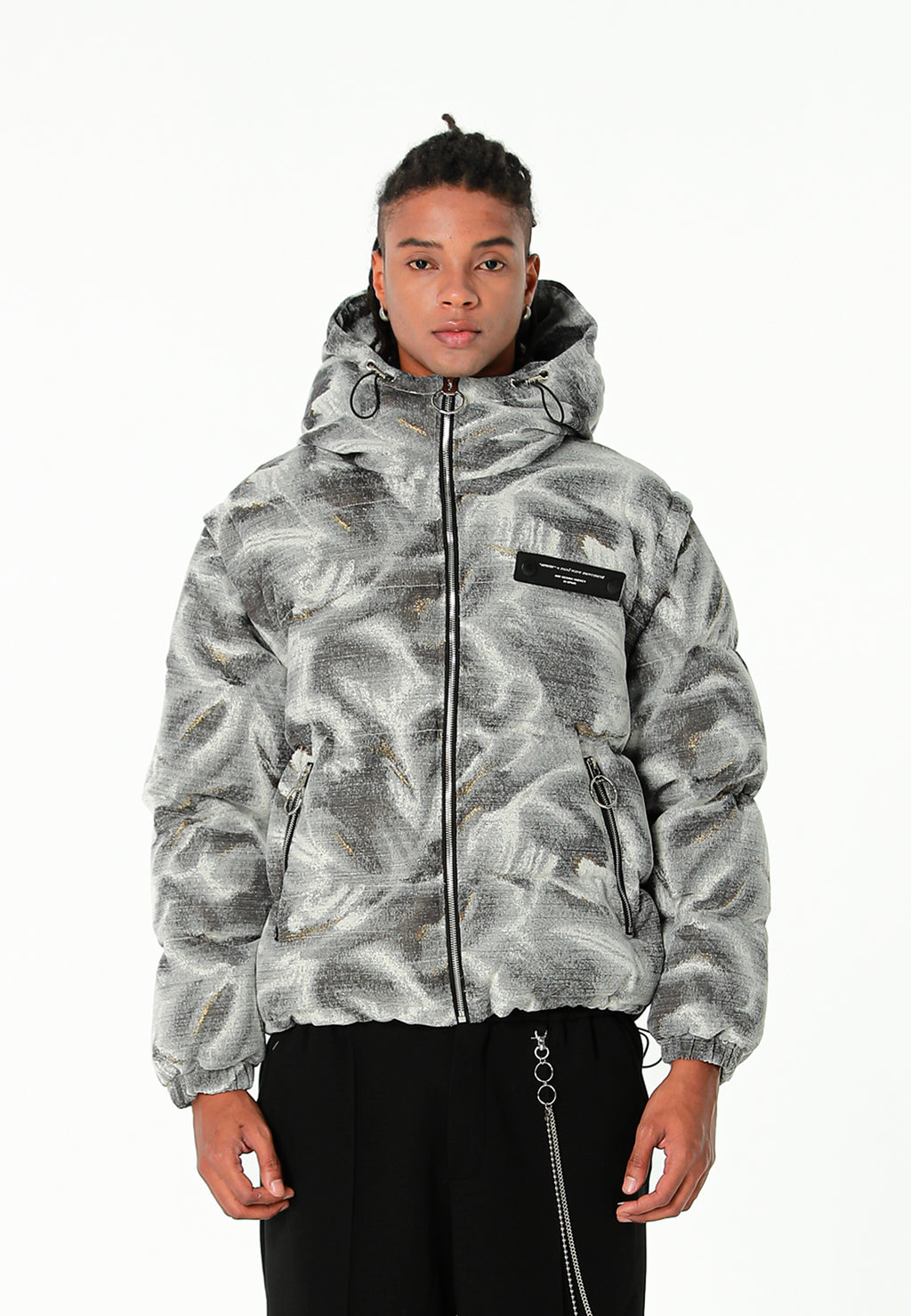 Abrigo puffer jacquard de chenilla con brillo, capucha y mangas desmontables | MWM [PS_COLORS:GREY]
