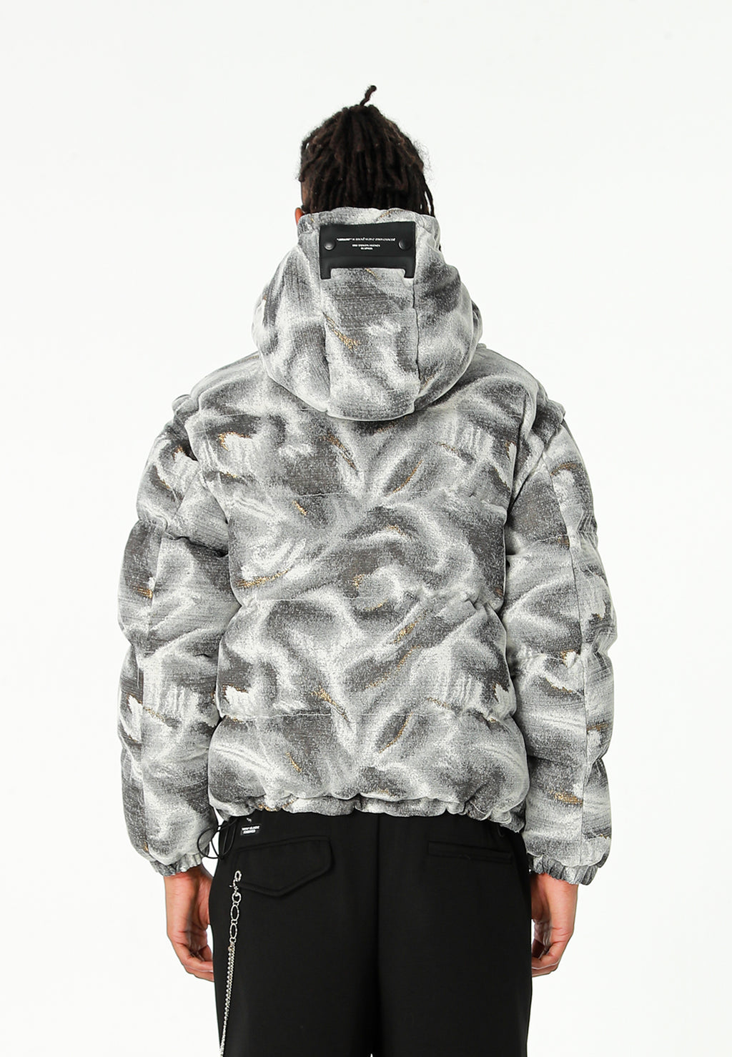 Abrigo puffer jacquard de chenilla con brillo, capucha y mangas desmontables | MWM [PS_COLORS:GREY]