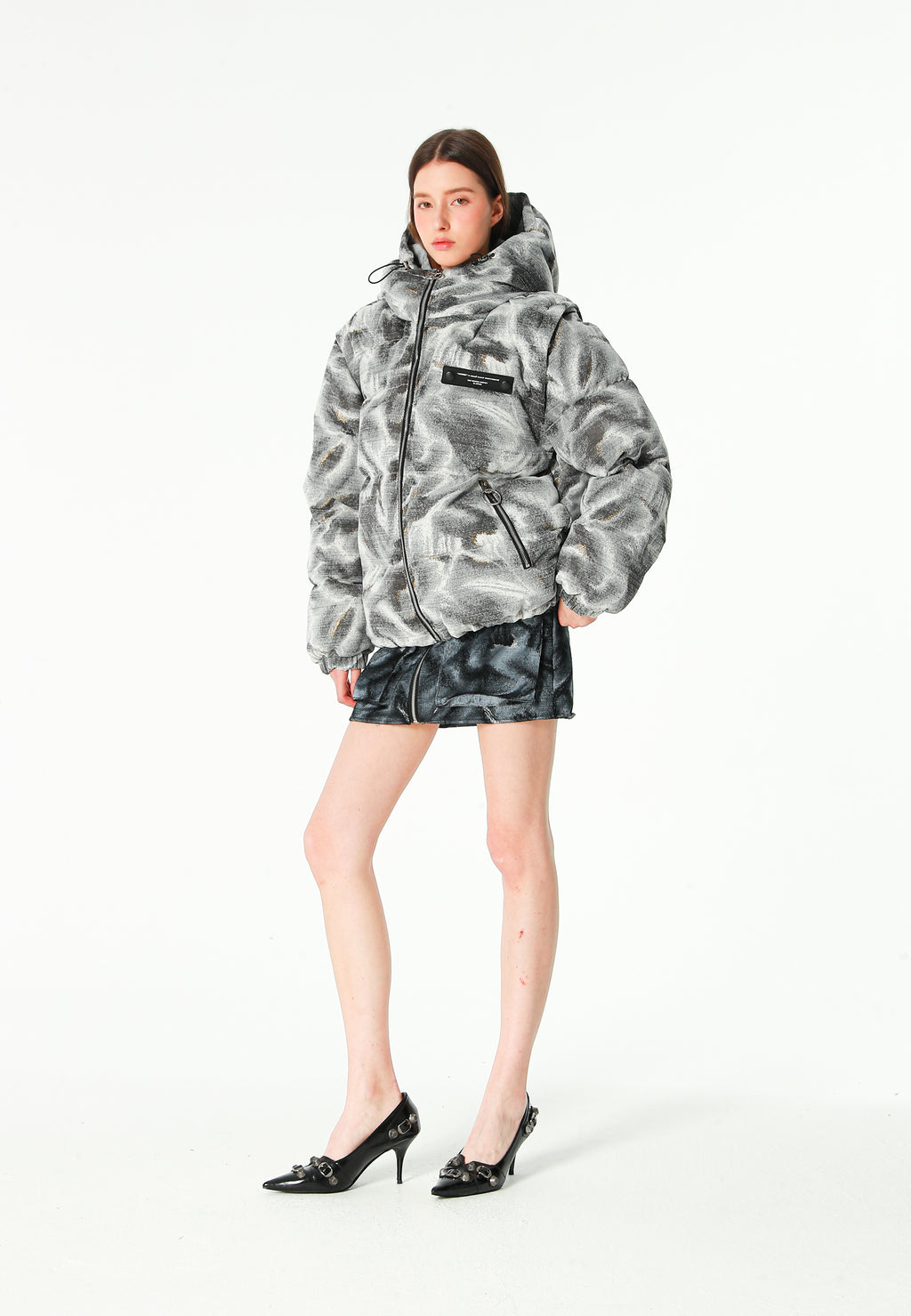 Abrigo puffer jacquard de chenilla con brillo, capucha y mangas desmontables | MWM [PS_COLORS:GREY]