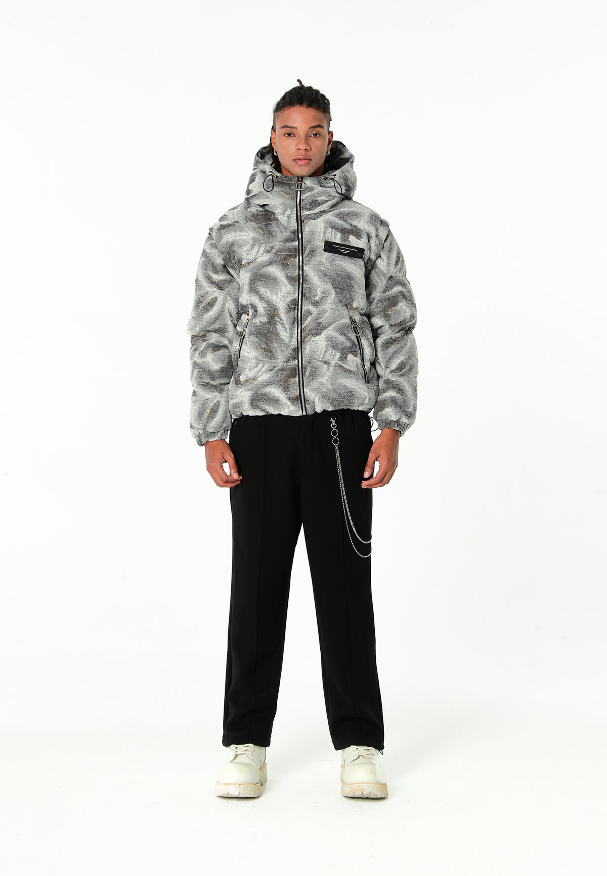 Abrigo puffer jacquard de chenilla con brillo, capucha y mangas desmontables | MWM [PS_COLORS:GREY]