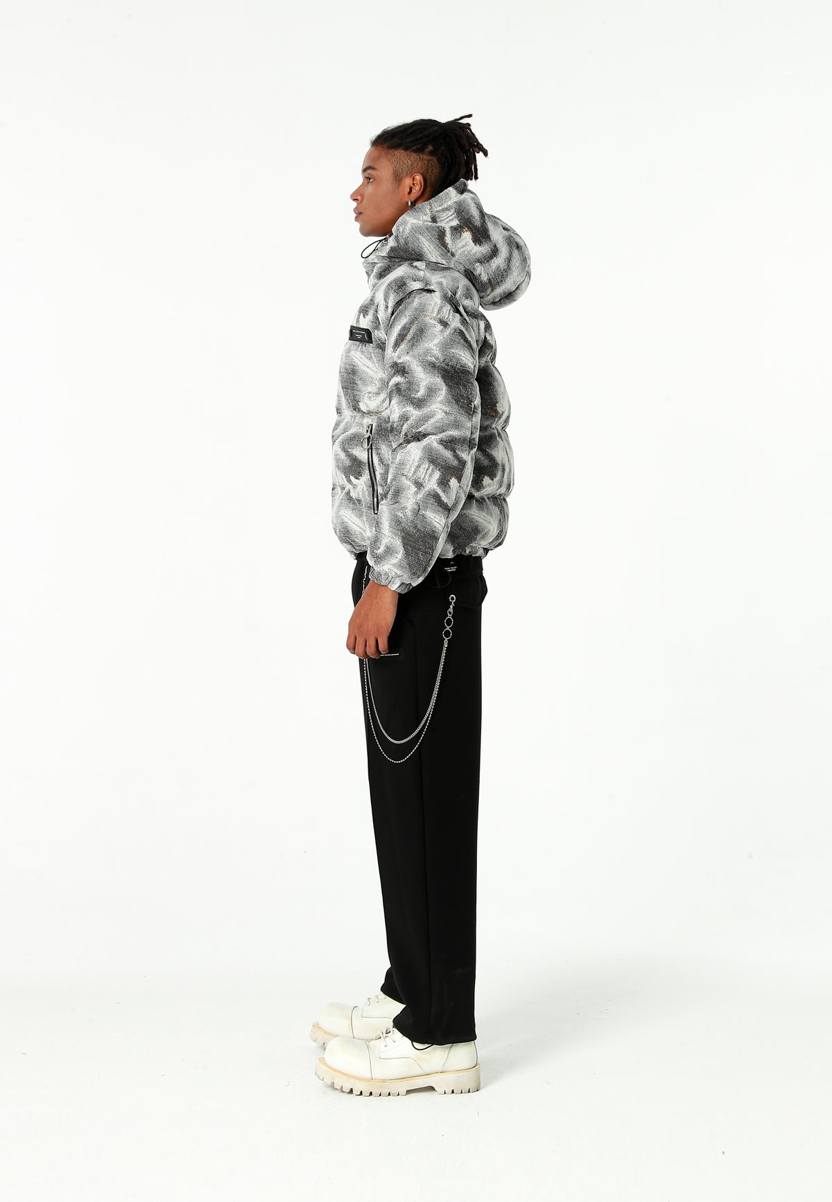 Abrigo puffer jacquard de chenilla con brillo, capucha y mangas desmontables | MWM [PS_COLORS:GREY]
