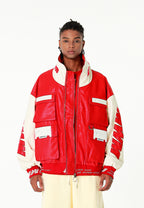 Chaqueta Iconic Logos efecto piel colorblock con cuello alto y cuatro bolsillos | MWM [PS_COLORS:RED]