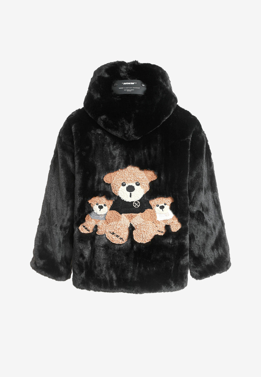 Abrigo TEDDY de pelo con capucha y parches Teddy en pecho y espalda | MWM [PS_COLORS:BLACK]