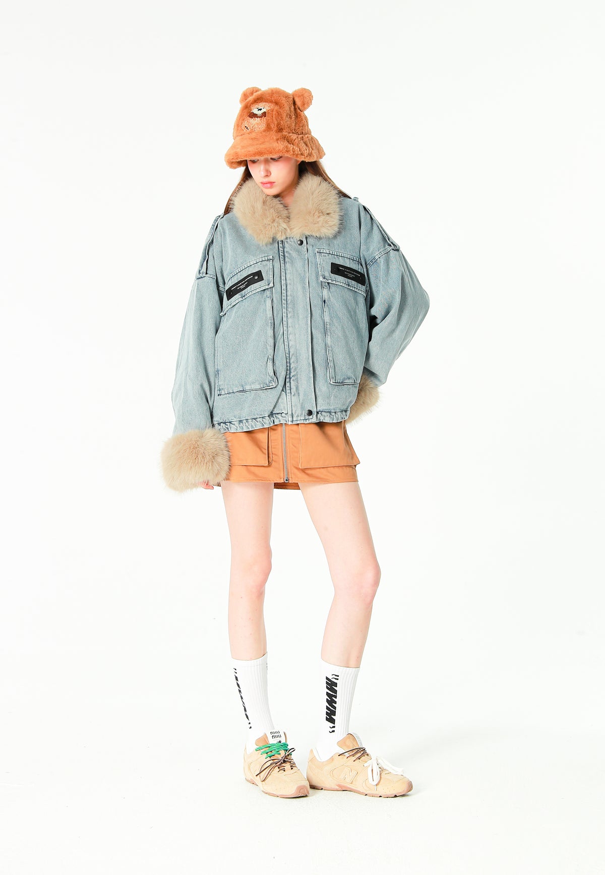 Gorro bucket de pelo con oso Teddy y orejas | MWM [PS_COLORS:BROWN]
