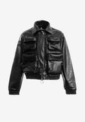 Chaqueta de mujer corta efecto piel con bolsillos en relieve y X de cordones cruzados | MWM [PS_COLORS:BLACK]