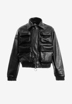 Chaqueta de mujer corta efecto piel con bolsillos en relieve y X de cordones cruzados | MWM [PS_COLORS:BLACK]
