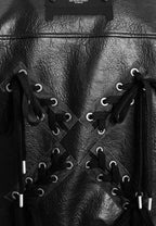 Chaqueta de mujer corta efecto piel con bolsillos en relieve y X de cordones cruzados | MWM [PS_COLORS:BLACK]