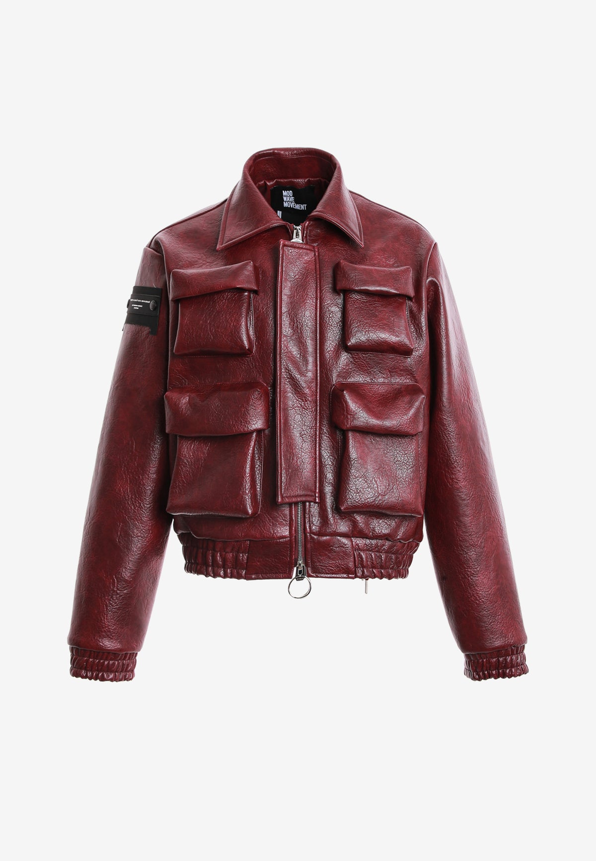 Chaqueta de mujer corta efecto piel con bolsillos en relieve y X de cordones cruzados | MWM [PS_COLORS:BURGUNDY]