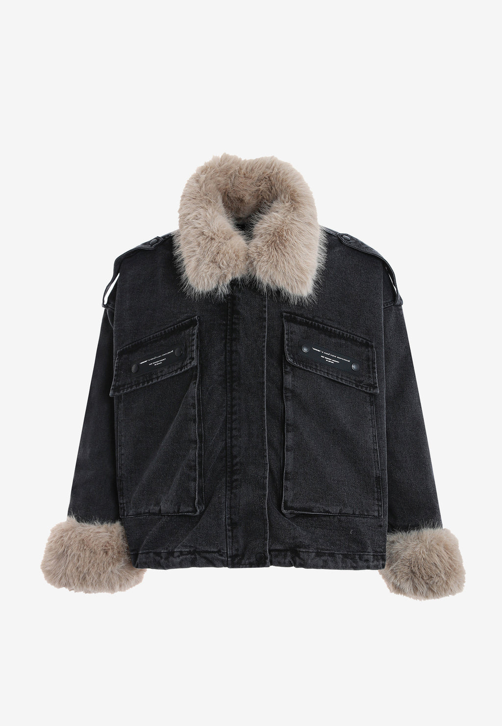 Chaqueta vaquera de mujer TEDDY con cuello y puños de pelo y parche Teddy en la espalda | MWM [PS_COLORS:BLACK]