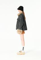 Chaqueta vaquera de mujer con cuello y puños de pelo | MWM [PS_COLORS:BLACK]