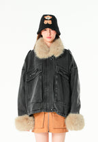 Chaqueta vaquera de mujer con cuello y puños de pelo | MWM [PS_COLORS:BLACK]