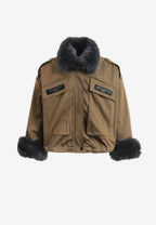Chaqueta de mujer TEDDY de canvas con cuello y puños de pelo y parche Teddy en la espalda | MWM [PS_COLORS:BROWN]