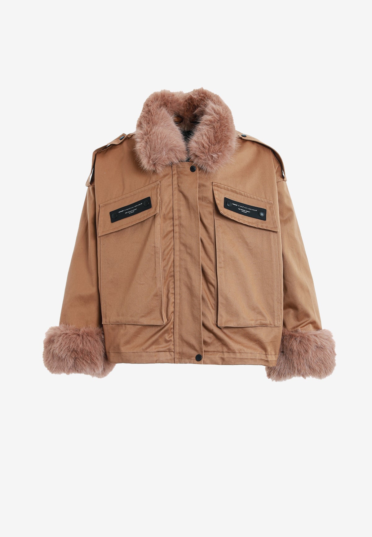 Chaqueta de mujer TEDDY de canvas con cuello y puños de pelo y parche Teddy en la espalda | MWM [PS_COLORS:CAMEL]