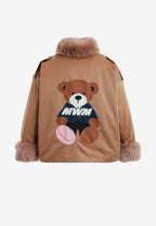 Chaqueta de mujer TEDDY de canvas con cuello y puños de pelo y parche Teddy en la espalda | MWM [PS_COLORS:CAMEL]