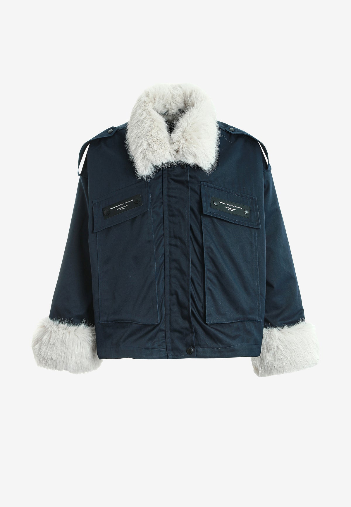 Chaqueta de mujer TEDDY de canvas con cuello y puños de pelo y parche Teddy en la espalda | MWM [PS_COLORS:NAVY]