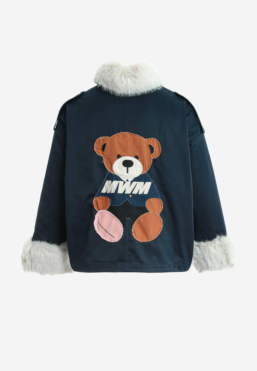 Chaqueta de mujer TEDDY de canvas con cuello y puños de pelo y parche Teddy en la espalda | MWM [PS_COLORS:NAVY]