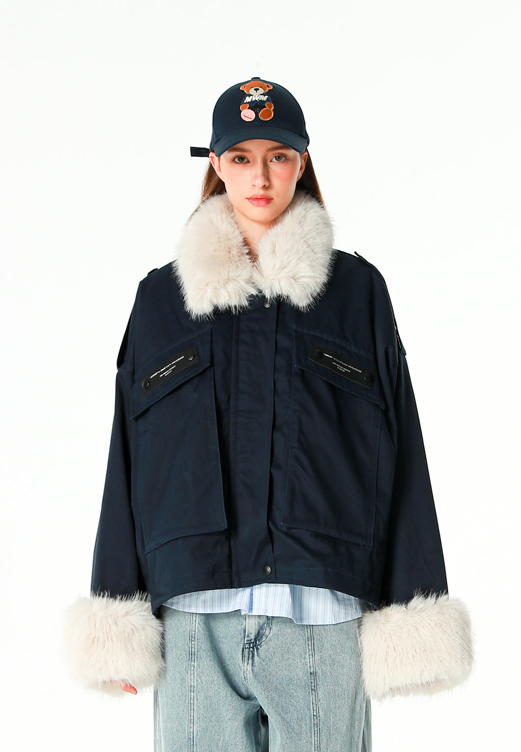 Chaqueta de mujer TEDDY de canvas con cuello y puños de pelo y parche Teddy en la espalda | MWM [PS_COLORS:NAVY]