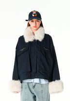 Chaqueta de mujer TEDDY de canvas con cuello y puños de pelo y parche Teddy en la espalda | MWM [PS_COLORS:NAVY]