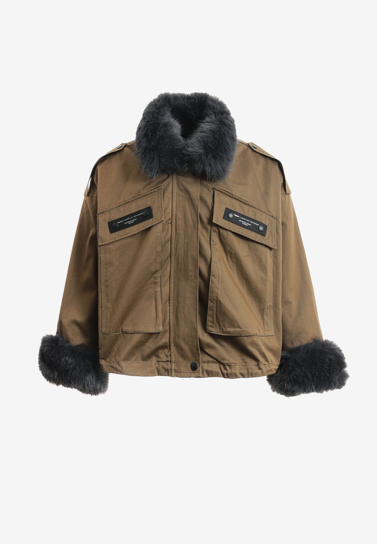 Chaqueta de mujer de canvas con cuello y puños de pelo | MWM [PS_COLORS:BROWN]
