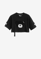 Camiseta de mujer TEDDY Mike Bag corta con gran parche frontal y detalles en mangas | MWM [PS_COLORS:BLACK]